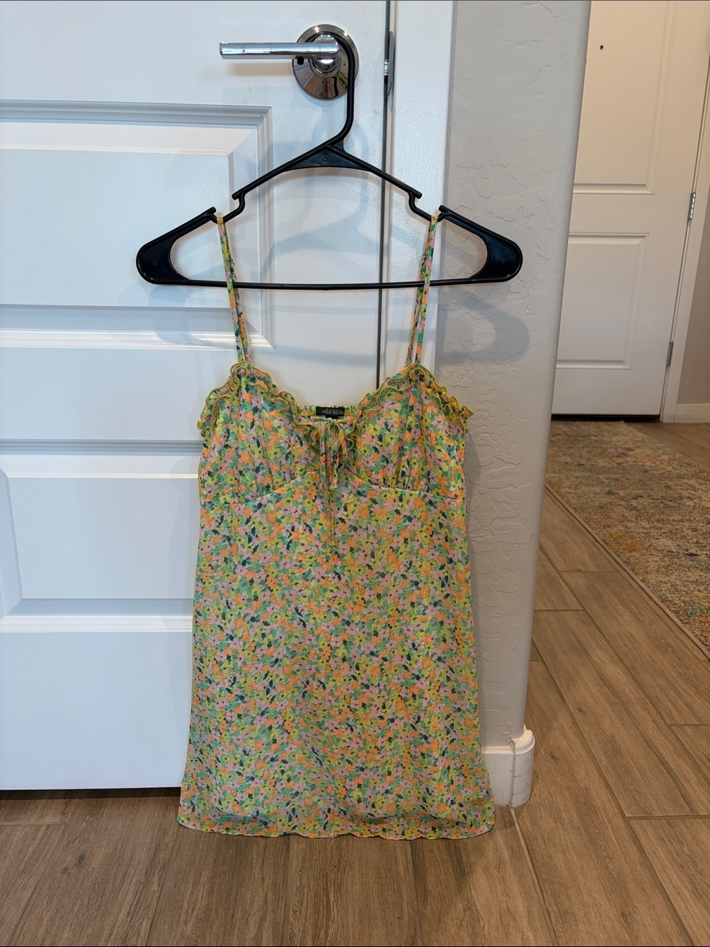WILD FABLE | Babydoll Mini Dress with Yellow Stitching & Pastel Floral Pattern